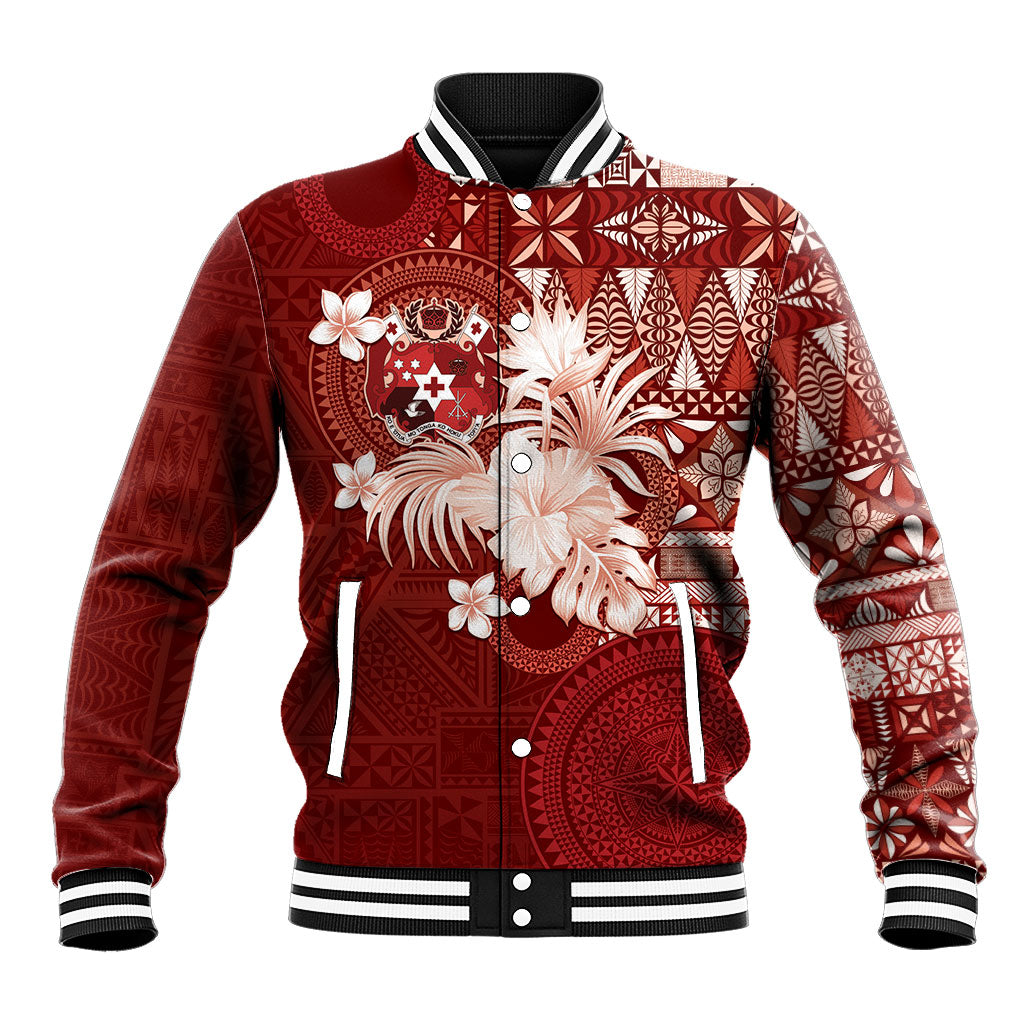Tonga Ngatu Motifs Baseball Jacket With Coat Of Arms Red