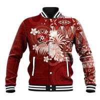 Tonga Ngatu Motifs Baseball Jacket With Coat Of Arms Red LT05 Unisex Red - Polynesian Pride