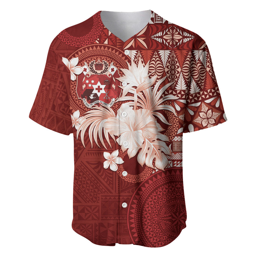 Tonga Ngatu Motifs Baseball Jersey With Coat Of Arms Red LT05 Red - Polynesian Pride