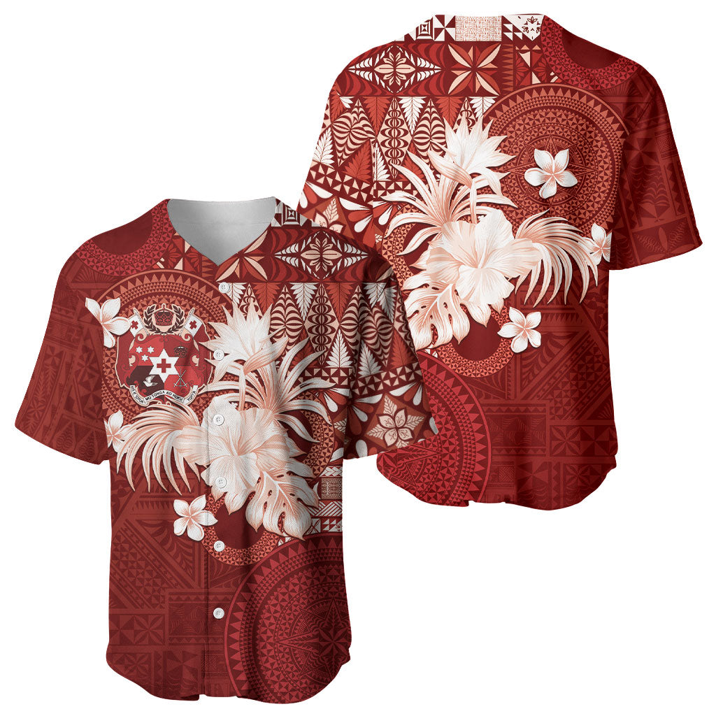 Tonga Ngatu Motifs Baseball Jersey With Coat Of Arms Red LT05 - Polynesian Pride