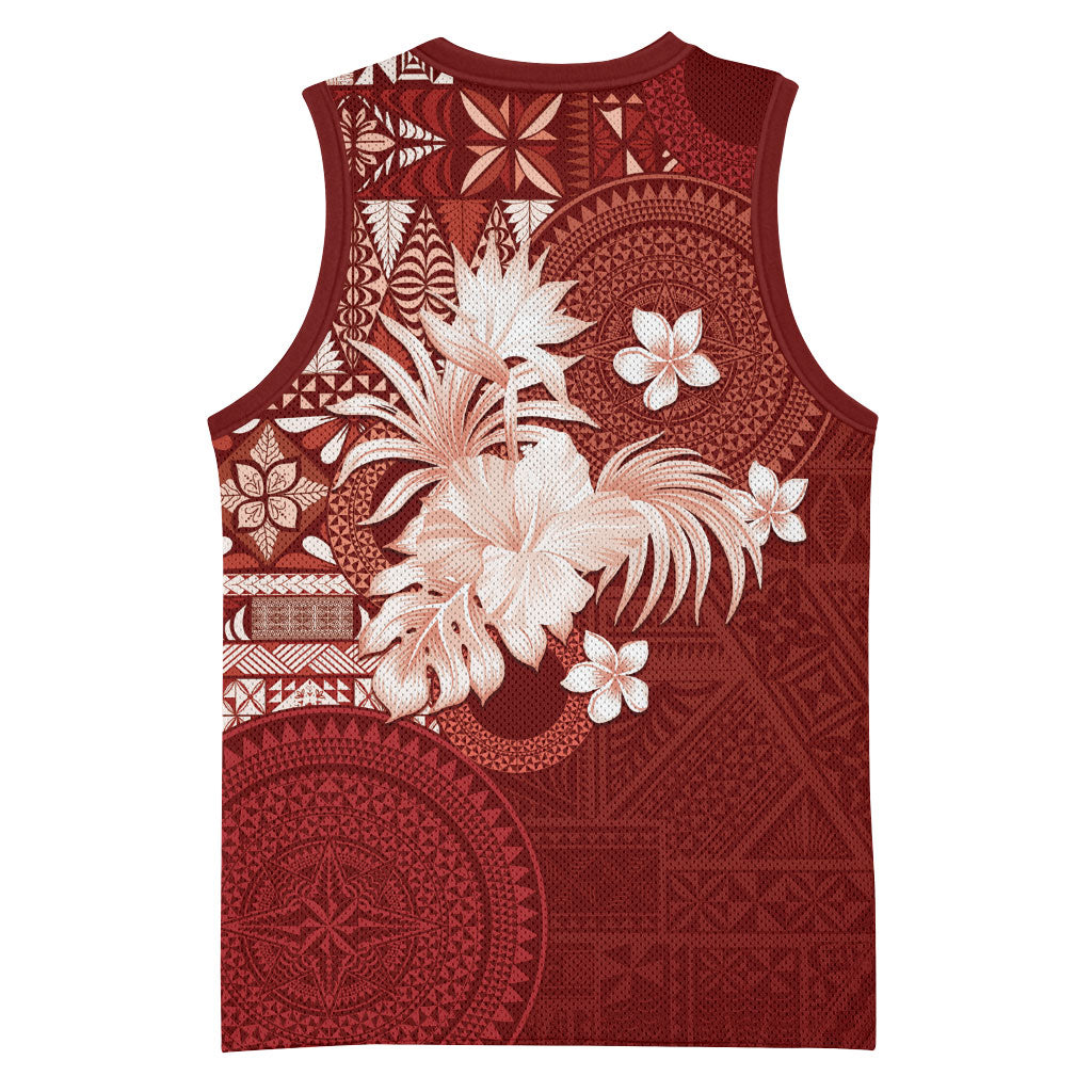 Tonga Ngatu Motifs Basketball Jersey With Coat Of Arms Red LT05 - Polynesian Pride