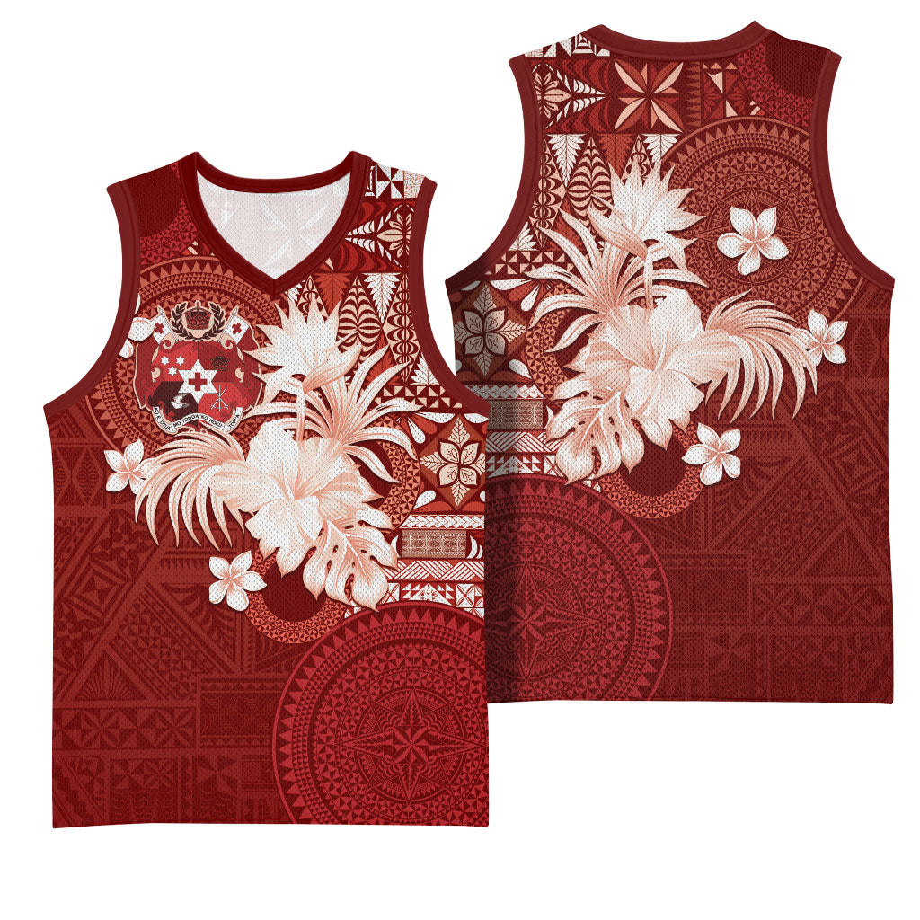 Tonga Ngatu Motifs Basketball Jersey With Coat Of Arms Red LT05 - Polynesian Pride