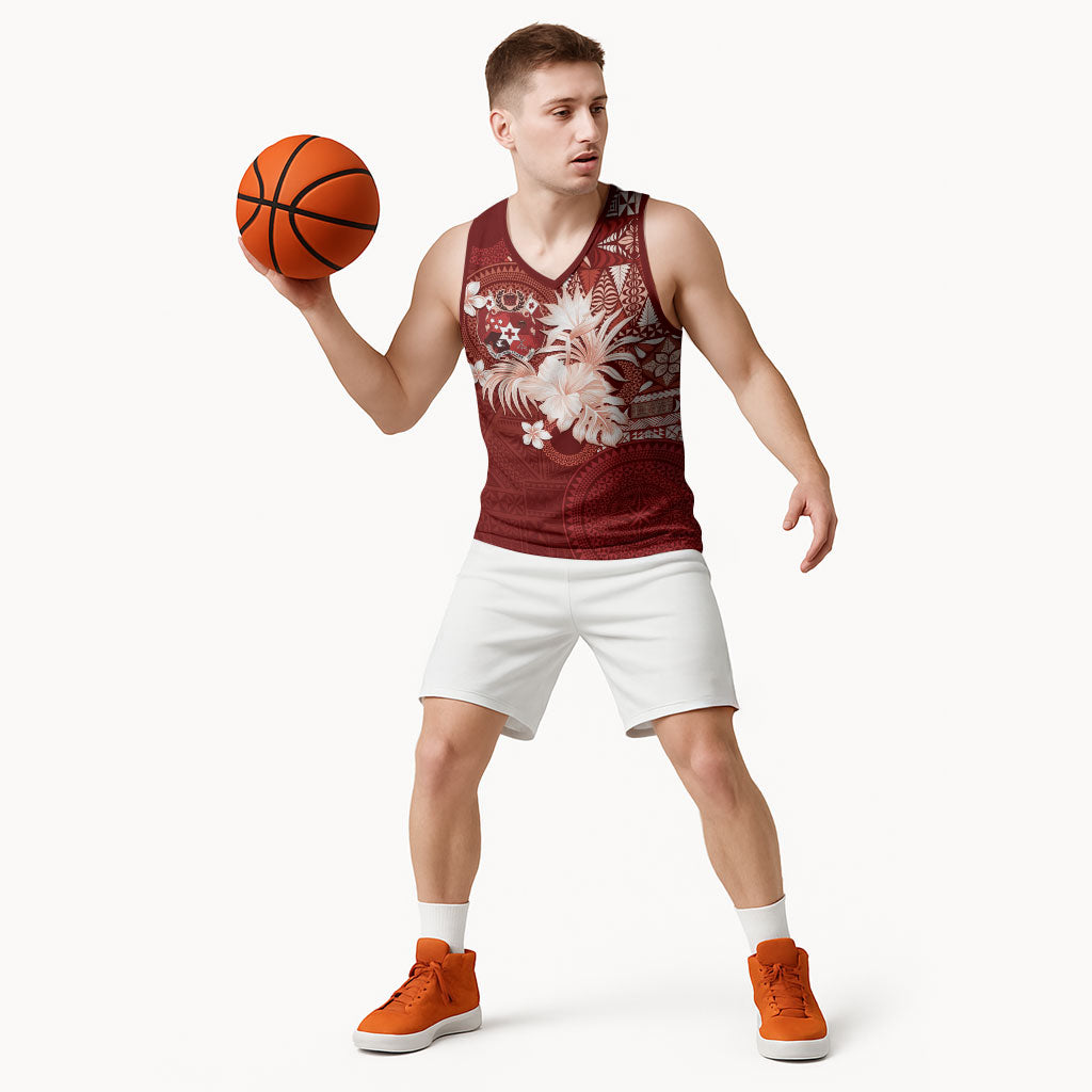 Tonga Ngatu Motifs Basketball Jersey With Coat Of Arms Red LT05 - Polynesian Pride