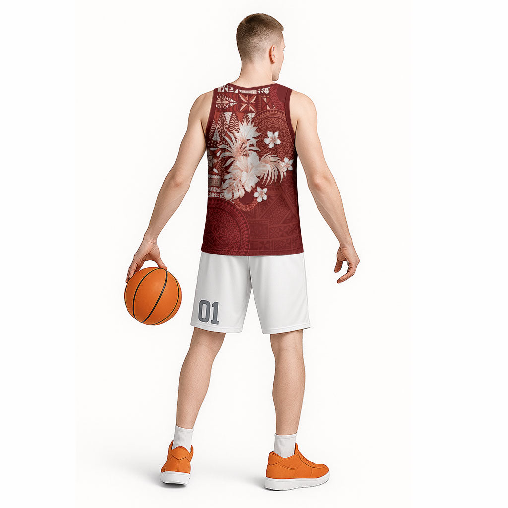 Tonga Ngatu Motifs Basketball Jersey With Coat Of Arms Red LT05 - Polynesian Pride