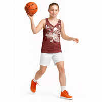 Tonga Ngatu Motifs Basketball Jersey With Coat Of Arms Red LT05 - Polynesian Pride