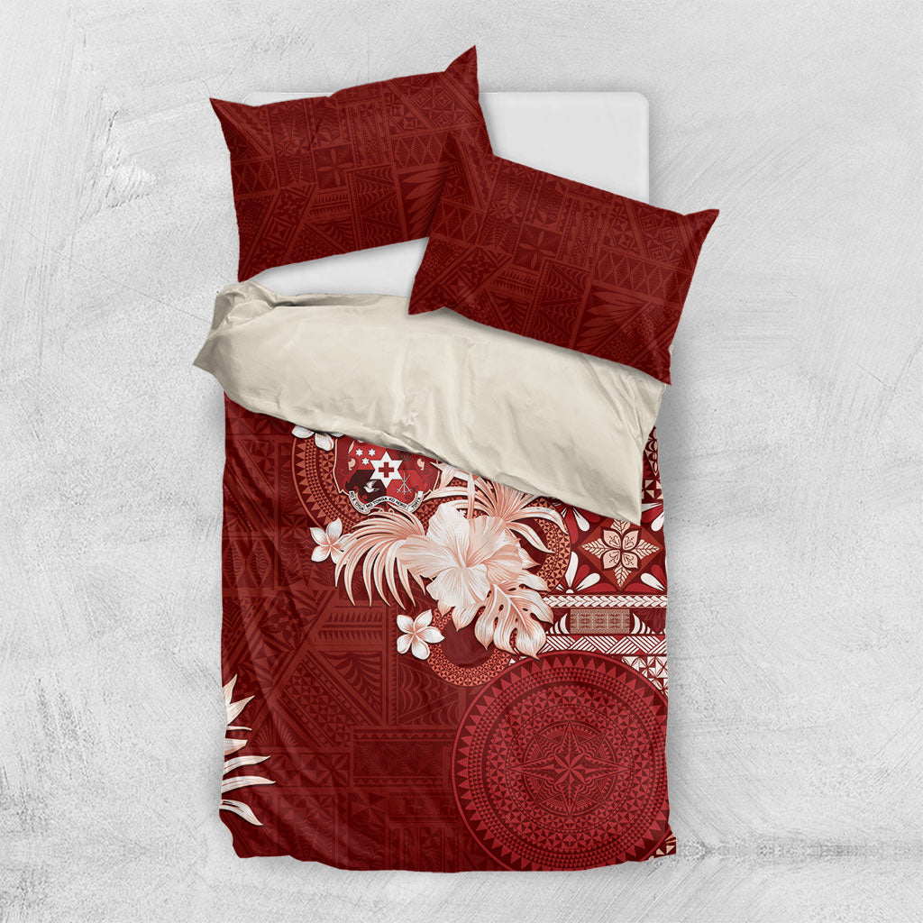 Tonga Ngatu Motifs Bedding Set With Coat Of Arms Red LT05 US Twin 172cm x 218cm Red - Polynesian Pride