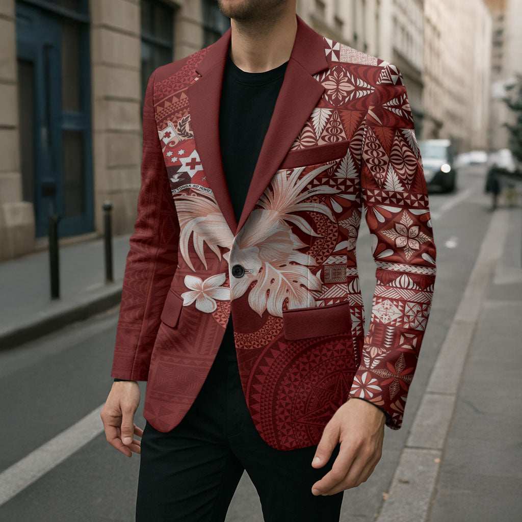 Tonga Ngatu Motifs Blazer With Coat Of Arms Red LT05 - Polynesian Pride