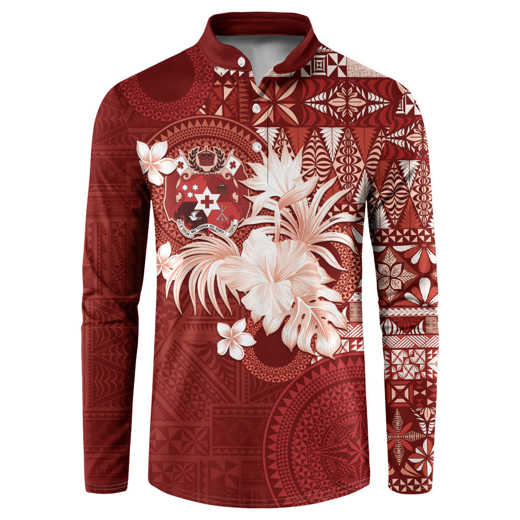 Tonga Ngatu Motifs Button Sweatshirt With Coat Of Arms Red LT05 Red - Polynesian Pride