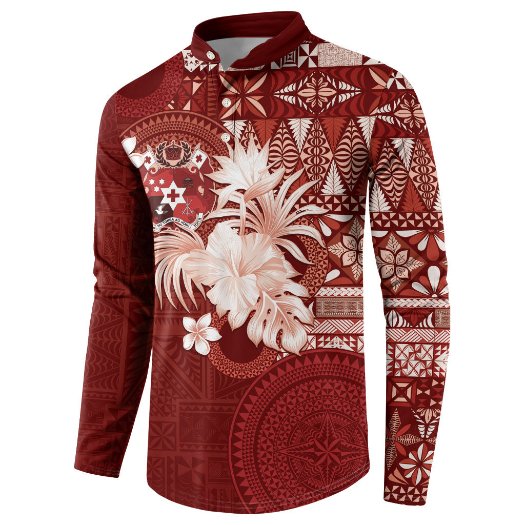 Tonga Ngatu Motifs Button Sweatshirt With Coat Of Arms Red LT05 - Polynesian Pride