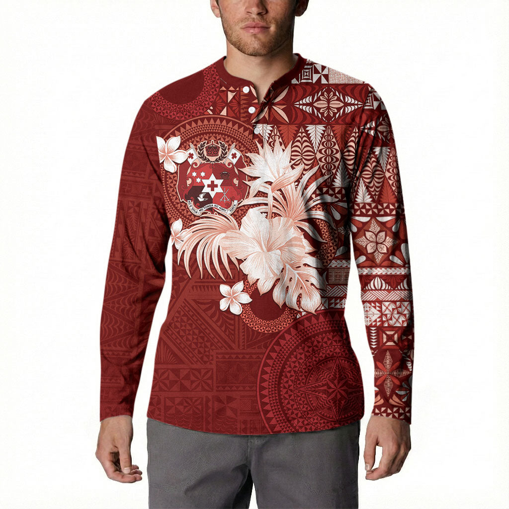 Tonga Ngatu Motifs Button Sweatshirt With Coat Of Arms Red LT05 - Polynesian Pride
