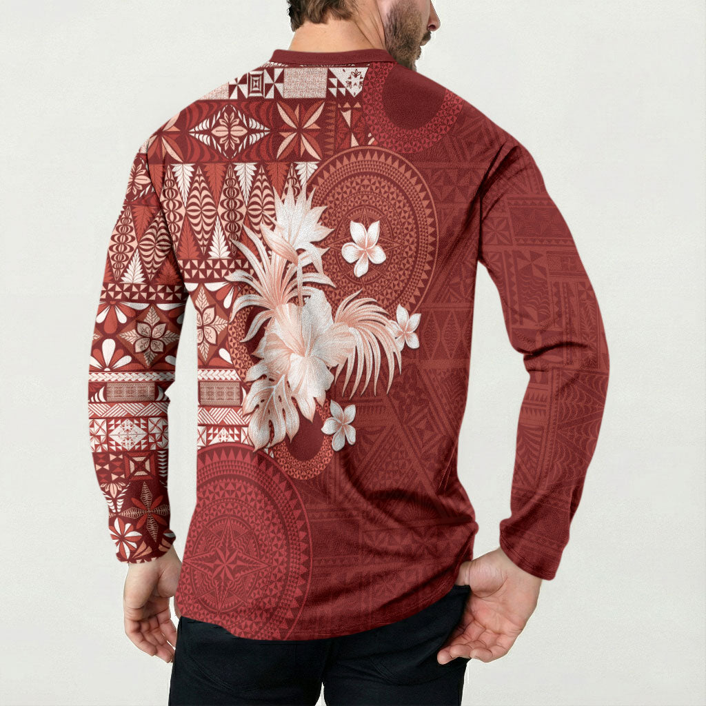Tonga Ngatu Motifs Button Sweatshirt With Coat Of Arms Red LT05 - Polynesian Pride