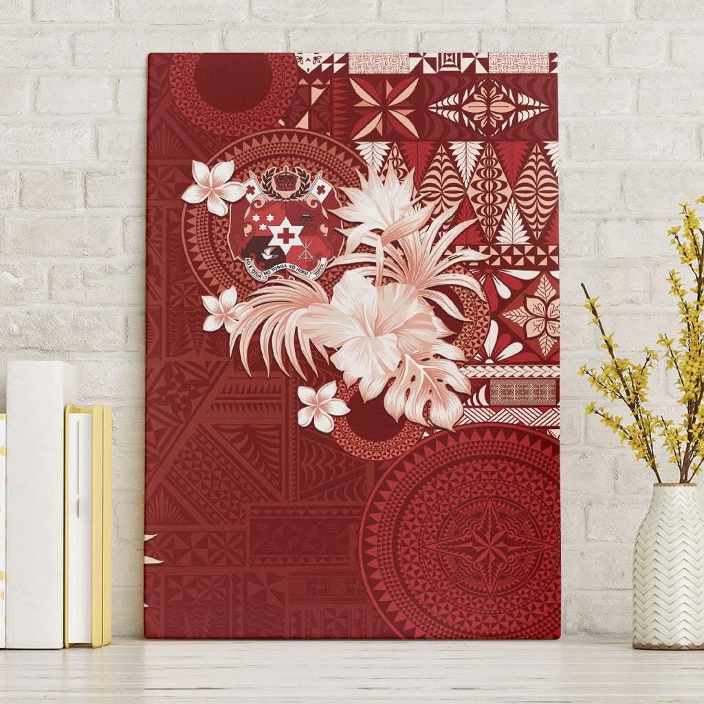 Tonga Ngatu Motifs Canvas Wall Art With Coat Of Arms Red LT05 Without Frame Red - Polynesian Pride