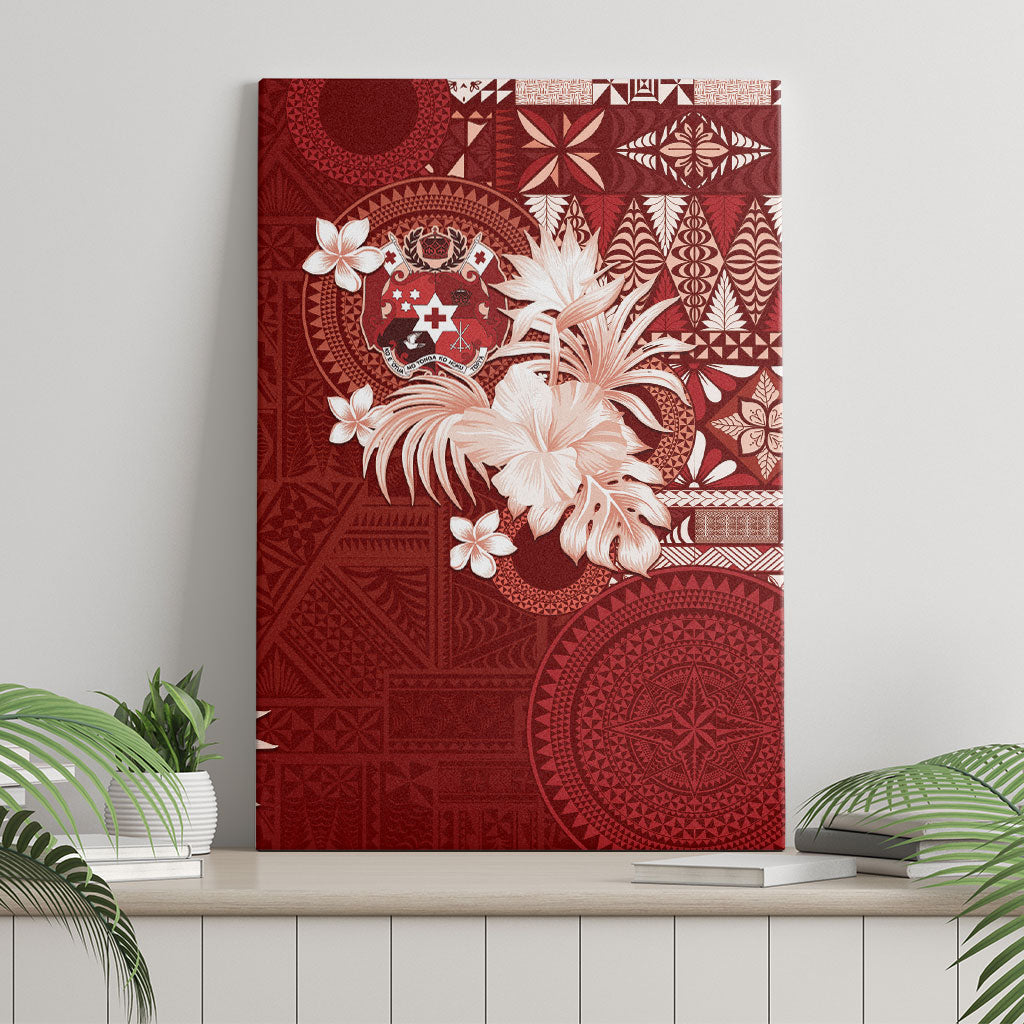 Tonga Ngatu Motifs Canvas Wall Art With Coat Of Arms Red LT05 - Polynesian Pride