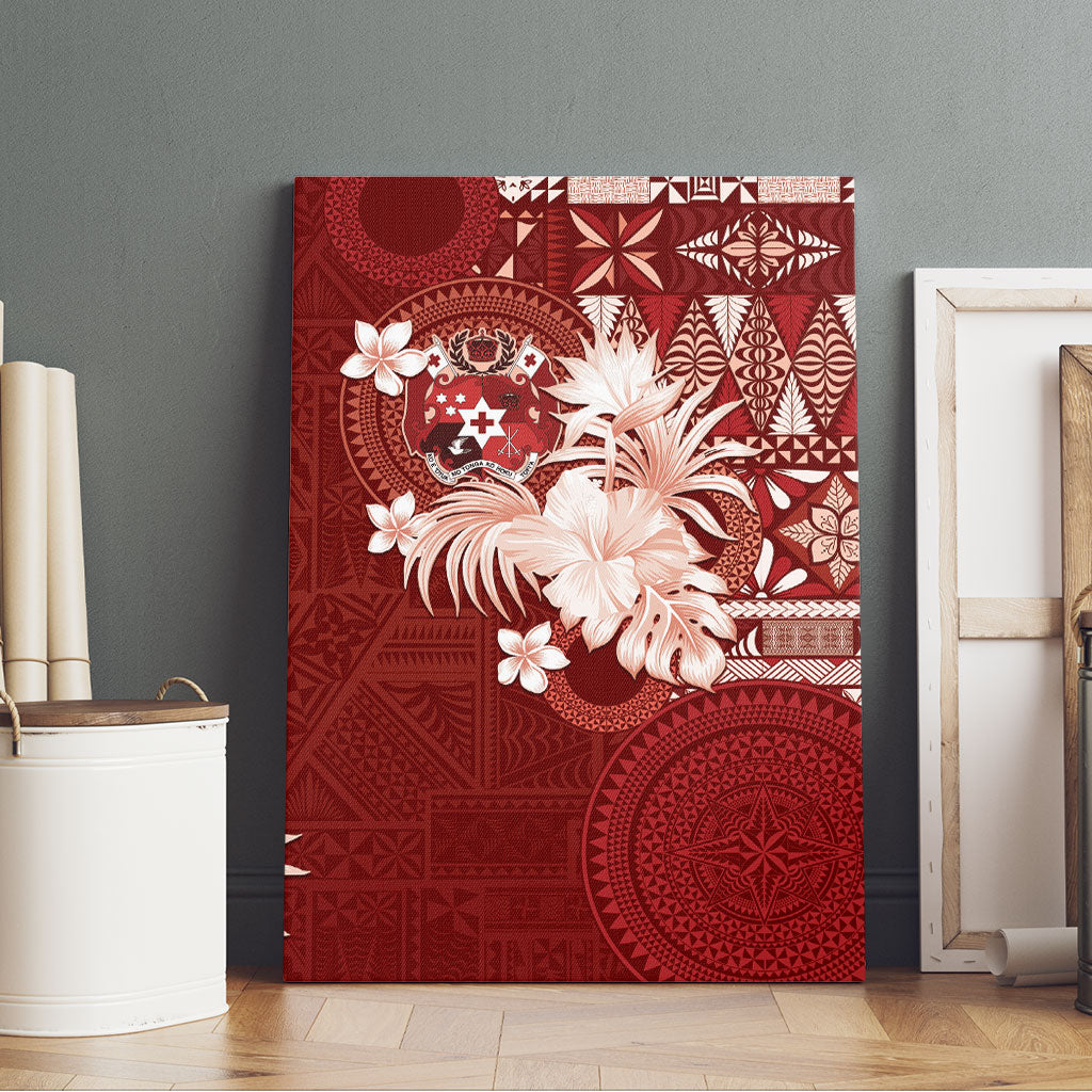 Tonga Ngatu Motifs Canvas Wall Art With Coat Of Arms Red LT05 - Polynesian Pride
