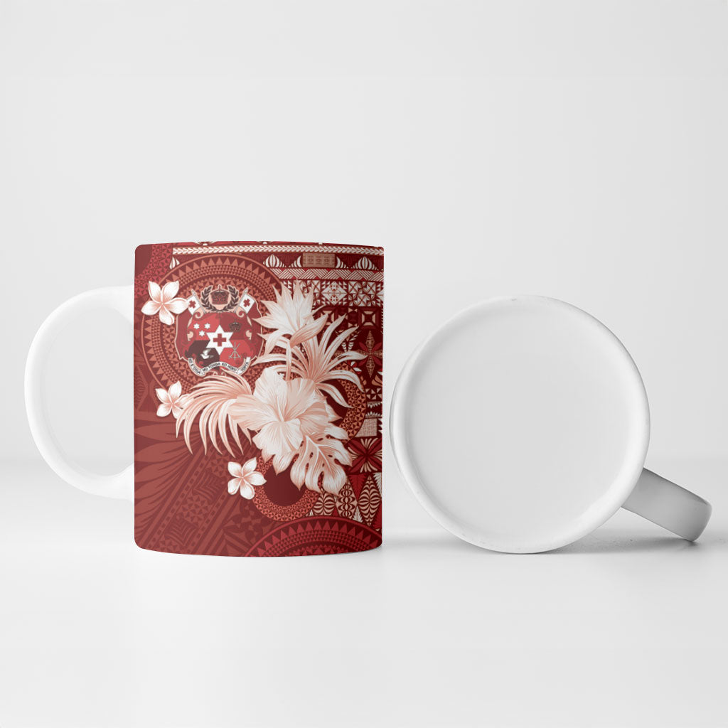 Tonga Ngatu Motifs Ceramic Mug With Coat Of Arms Red LT05 - Polynesian Pride