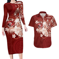 Tonga Ngatu Motifs Couples Matching Long Sleeve Bodycon Dress and Hawaiian Shirt With Coat Of Arms Red