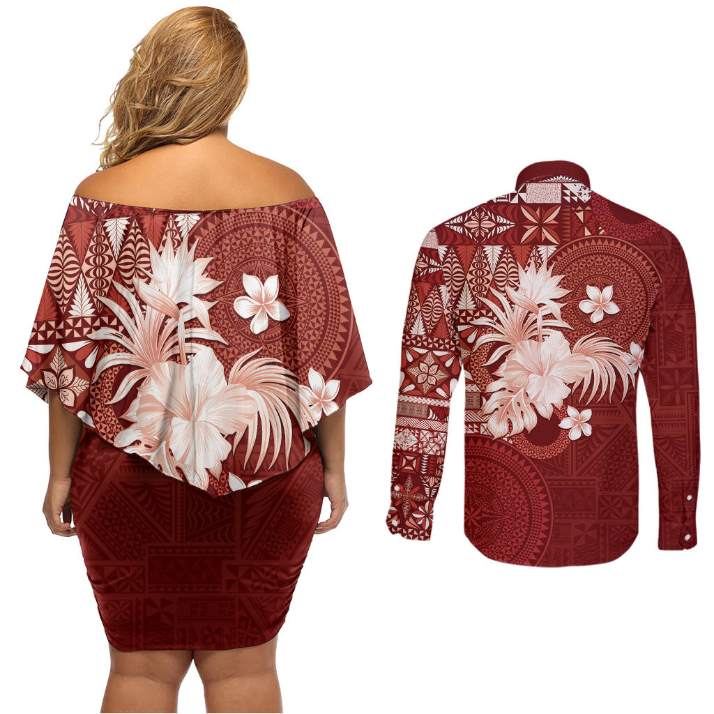 Tonga Ngatu Motifs Couples Matching Off Shoulder Short Dress and Long Sleeve Button Shirt With Coat Of Arms Red