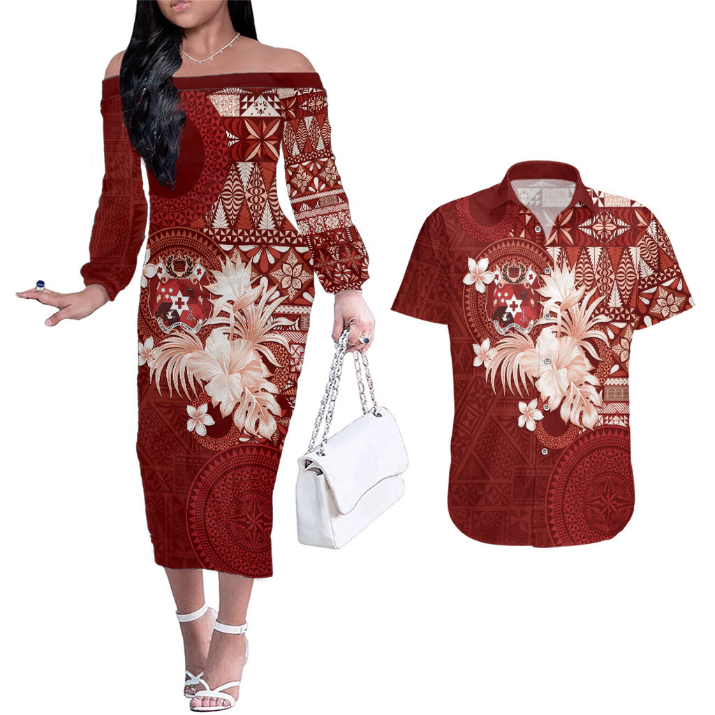 Tonga Ngatu Motifs Couples Matching Off The Shoulder Long Sleeve Dress and Hawaiian Shirt With Coat Of Arms Red
