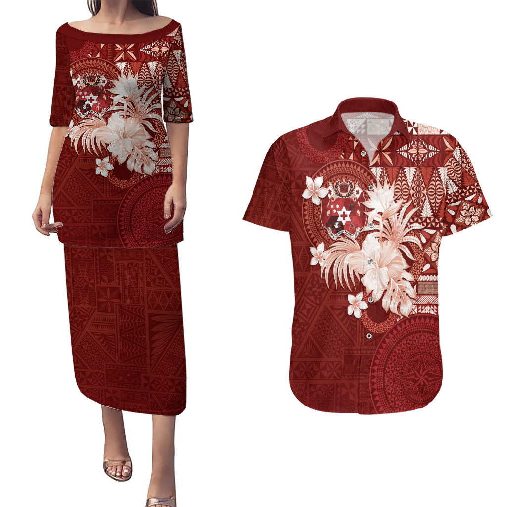 Tonga Ngatu Motifs Couples Matching Puletasi and Hawaiian Shirt With Coat Of Arms Red