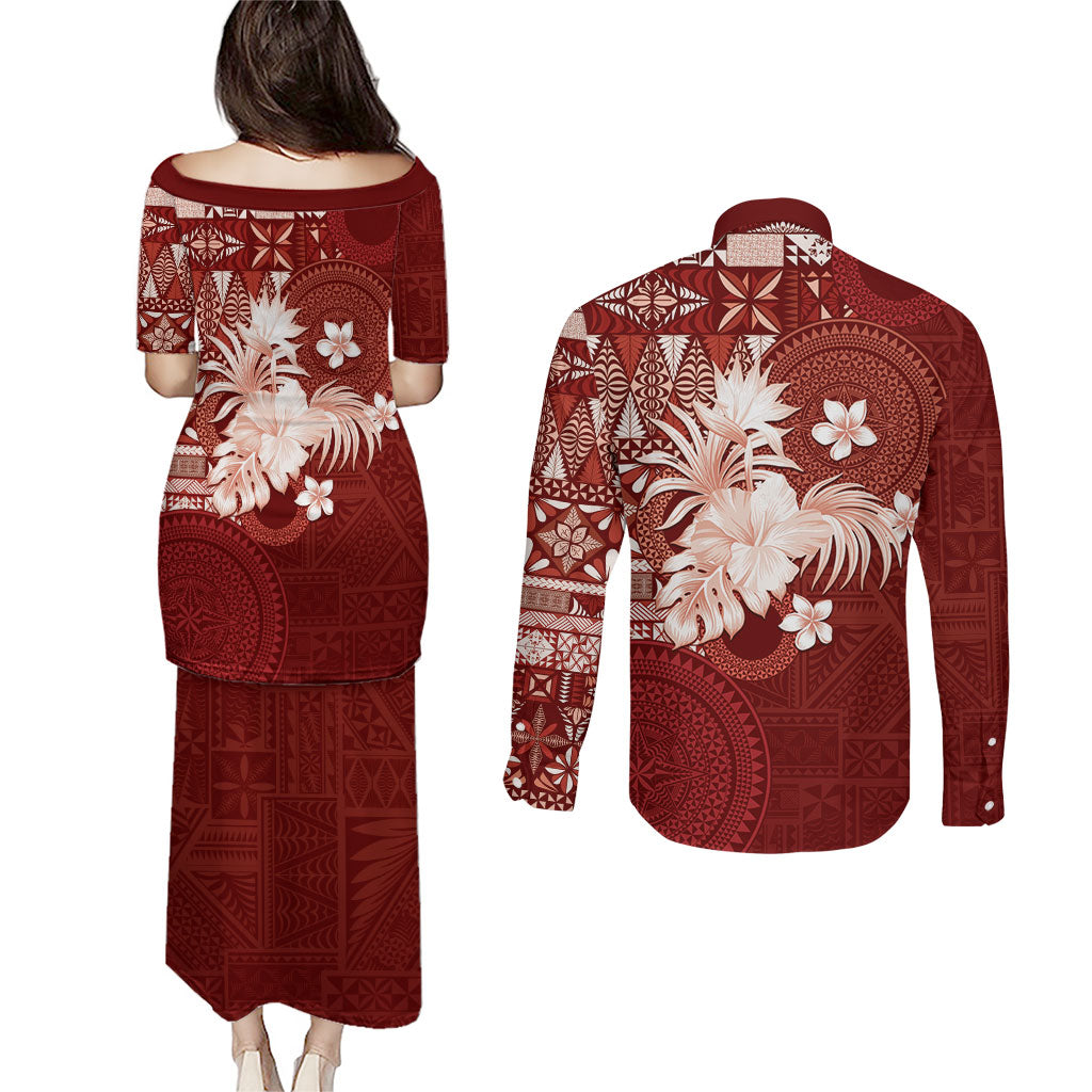 Tonga Ngatu Motifs Couples Matching Puletasi and Long Sleeve Button Shirt With Coat Of Arms Red LT05 - Polynesian Pride