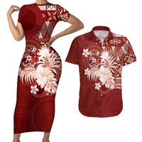 Tonga Ngatu Motifs Couples Matching Short Sleeve Bodycon Dress and Hawaiian Shirt With Coat Of Arms Red