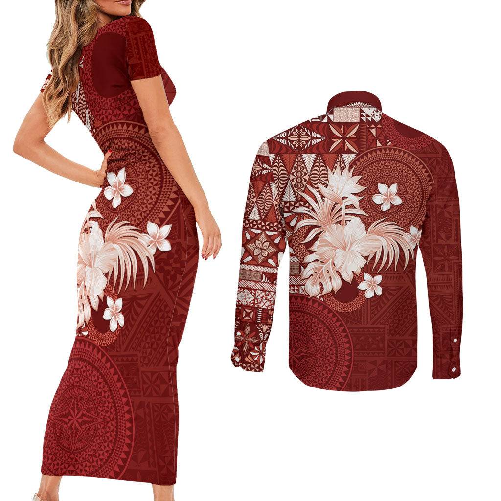 Tonga Ngatu Motifs Couples Matching Short Sleeve Bodycon Dress and Long Sleeve Button Shirt With Coat Of Arms Red