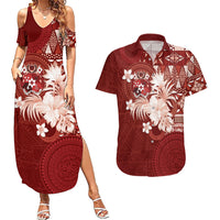 Tonga Ngatu Motifs Couples Matching Summer Maxi Dress and Hawaiian Shirt With Coat Of Arms Red