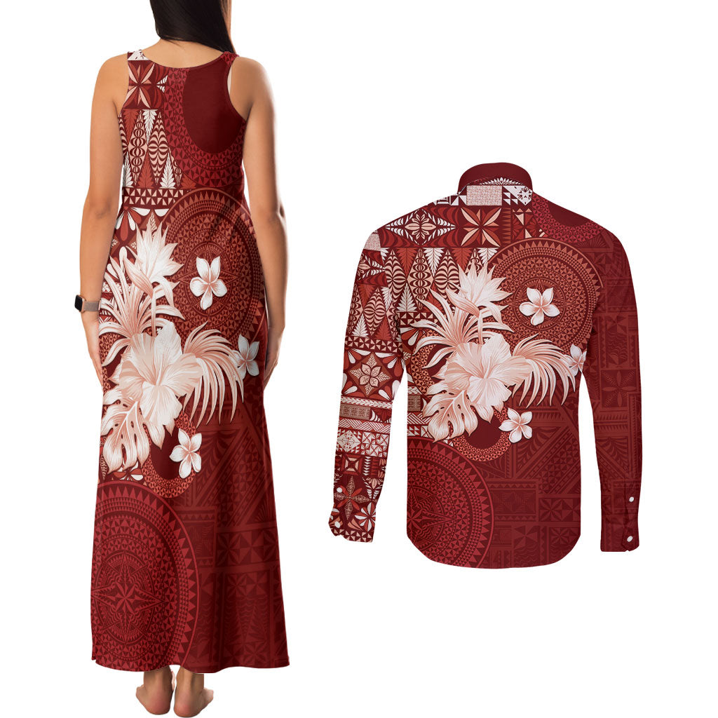 Tonga Ngatu Motifs Couples Matching Tank Maxi Dress and Long Sleeve Button Shirt With Coat Of Arms Red