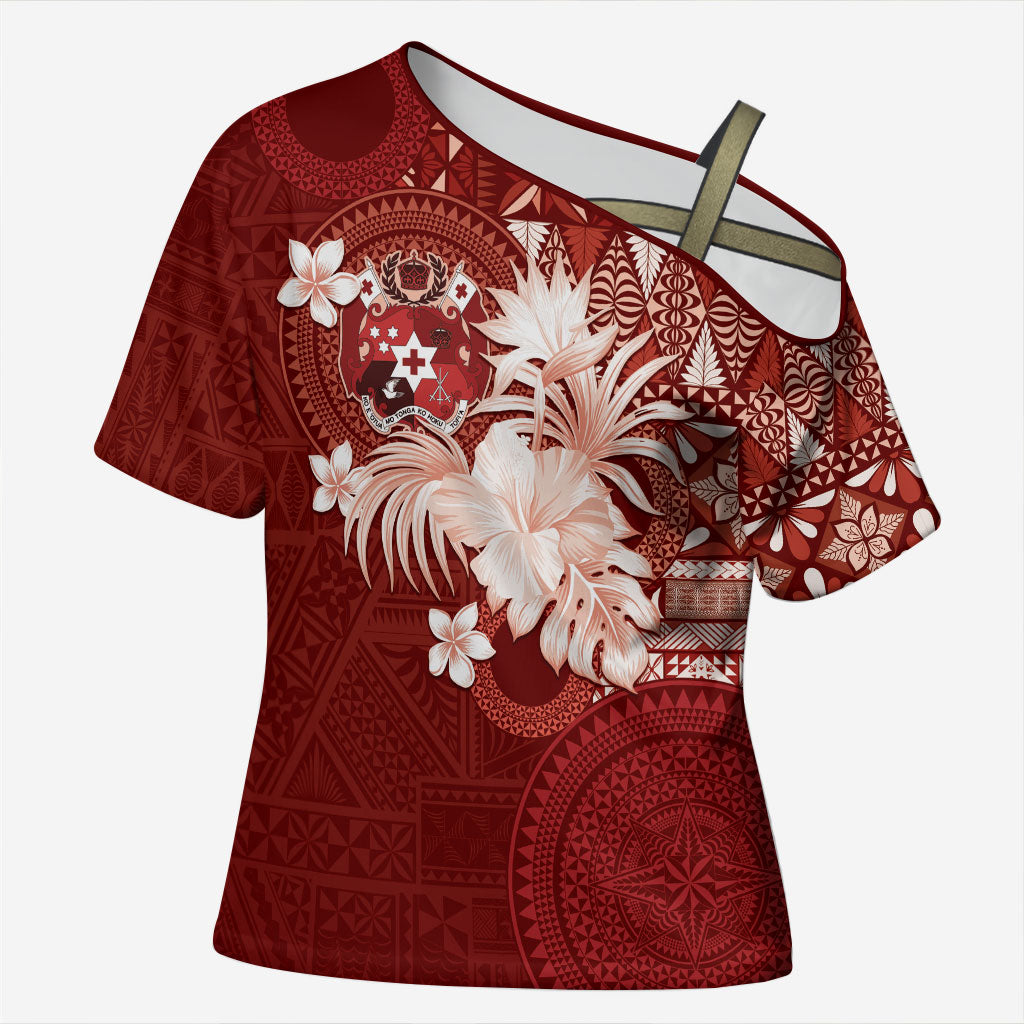 Tonga Ngatu Motifs Cross Shoulder Shirt With Coat Of Arms Red LT05 Female Red - Polynesian Pride