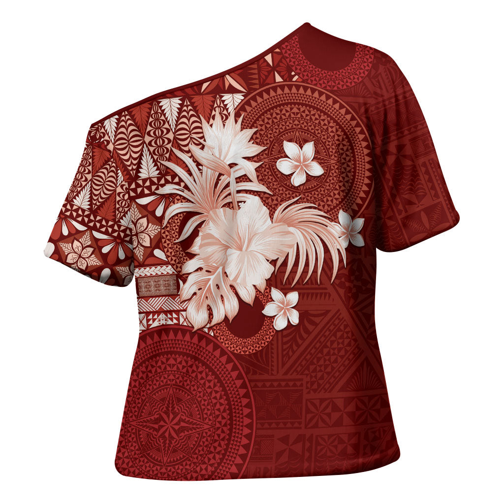 Tonga Ngatu Motifs Cross Shoulder Shirt With Coat Of Arms Red LT05 - Polynesian Pride