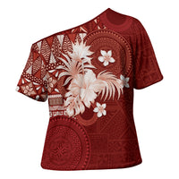 Tonga Ngatu Motifs Cross Shoulder Shirt With Coat Of Arms Red LT05 - Polynesian Pride