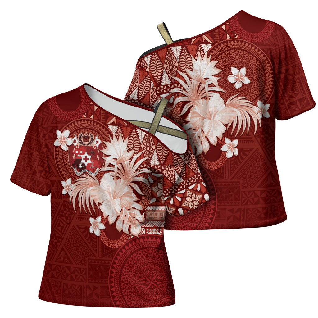 Tonga Ngatu Motifs Cross Shoulder Shirt With Coat Of Arms Red LT05 - Polynesian Pride