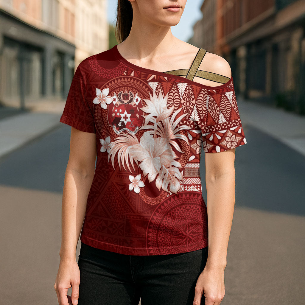 Tonga Ngatu Motifs Cross Shoulder Shirt With Coat Of Arms Red LT05 - Polynesian Pride