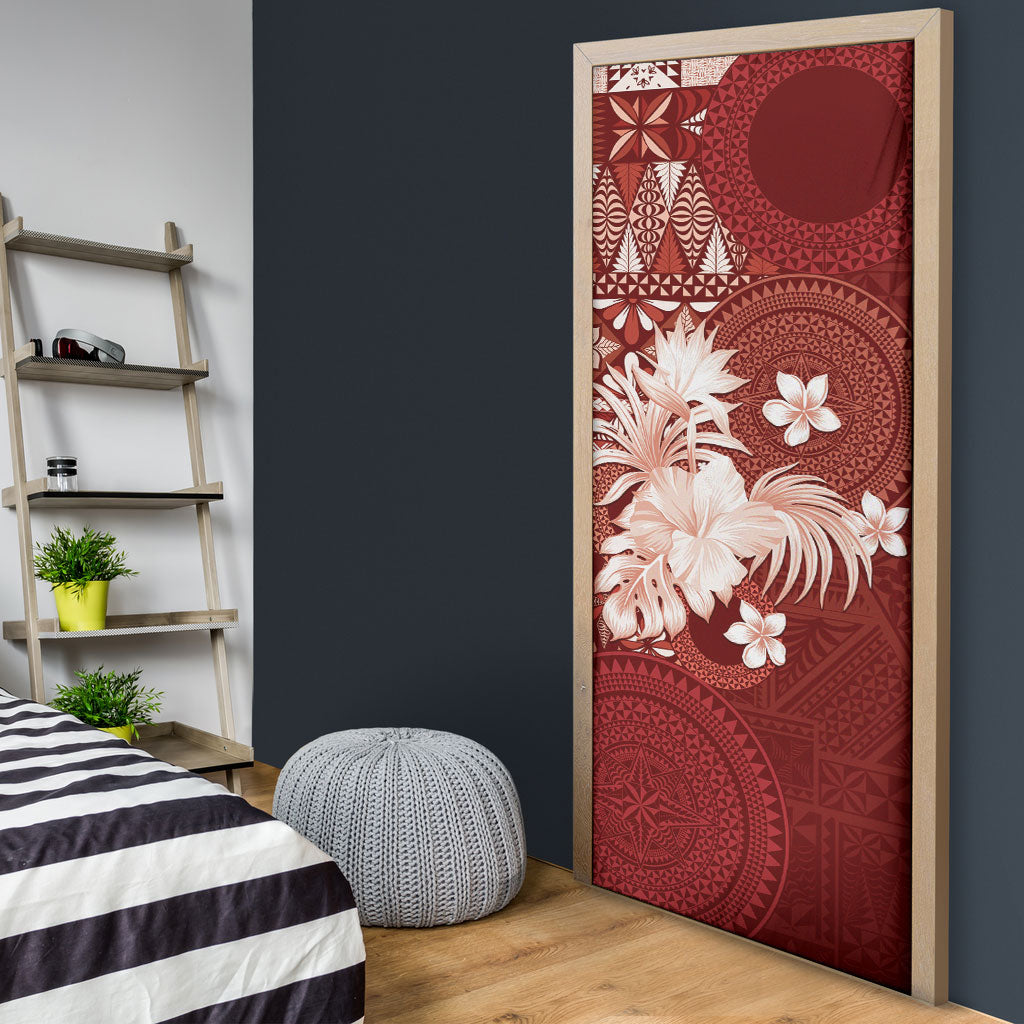 Tonga Ngatu Motifs Door Cover With Coat Of Arms Red LT05 - Polynesian Pride