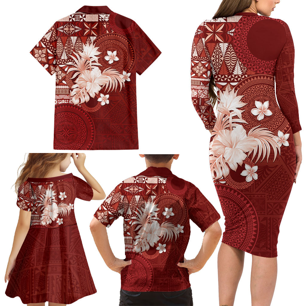 Tonga Ngatu Motifs Family Matching Long Sleeve Bodycon Dress and Hawaiian Shirt With Coat Of Arms Red