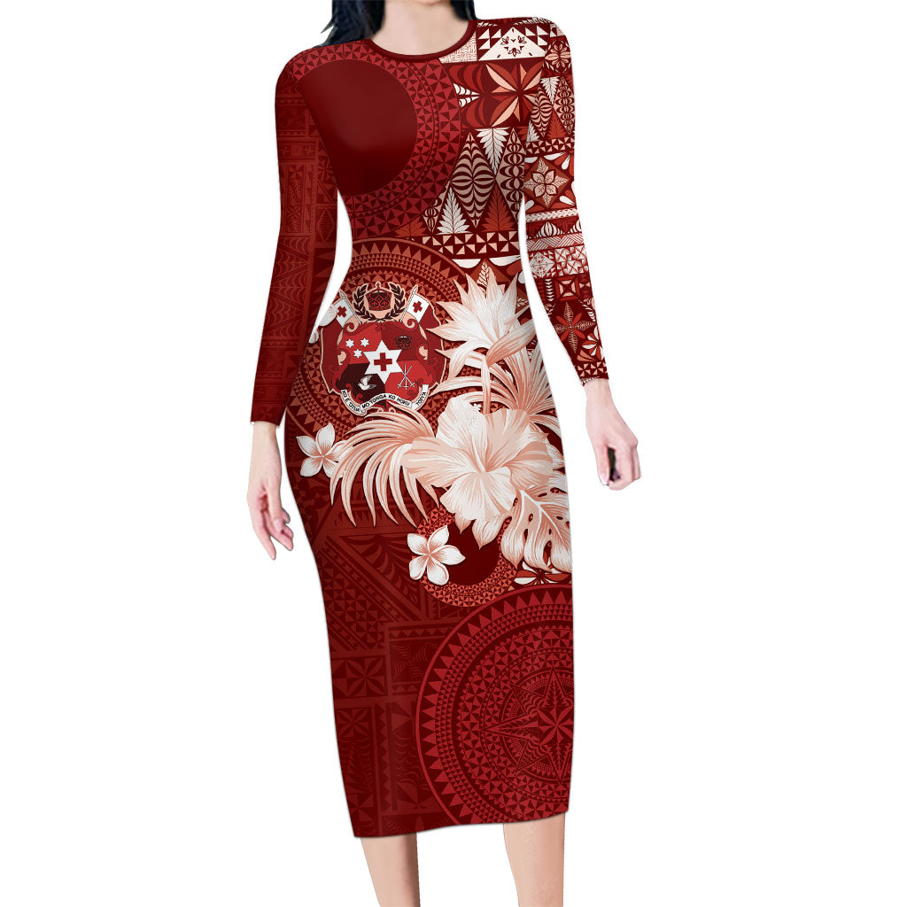 Tonga Ngatu Motifs Family Matching Long Sleeve Bodycon Dress and Hawaiian Shirt With Coat Of Arms Red