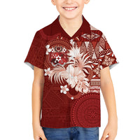 Tonga Ngatu Motifs Family Matching Long Sleeve Bodycon Dress and Hawaiian Shirt With Coat Of Arms Red