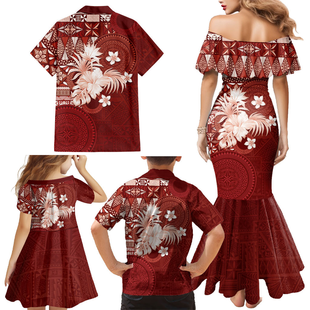 Tonga Ngatu Motifs Family Matching Mermaid Dress and Hawaiian Shirt With Coat Of Arms Red