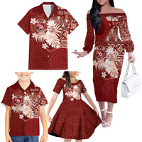 Tonga Ngatu Motifs Family Matching Off The Shoulder Long Sleeve Dress and Hawaiian Shirt With Coat Of Arms Red