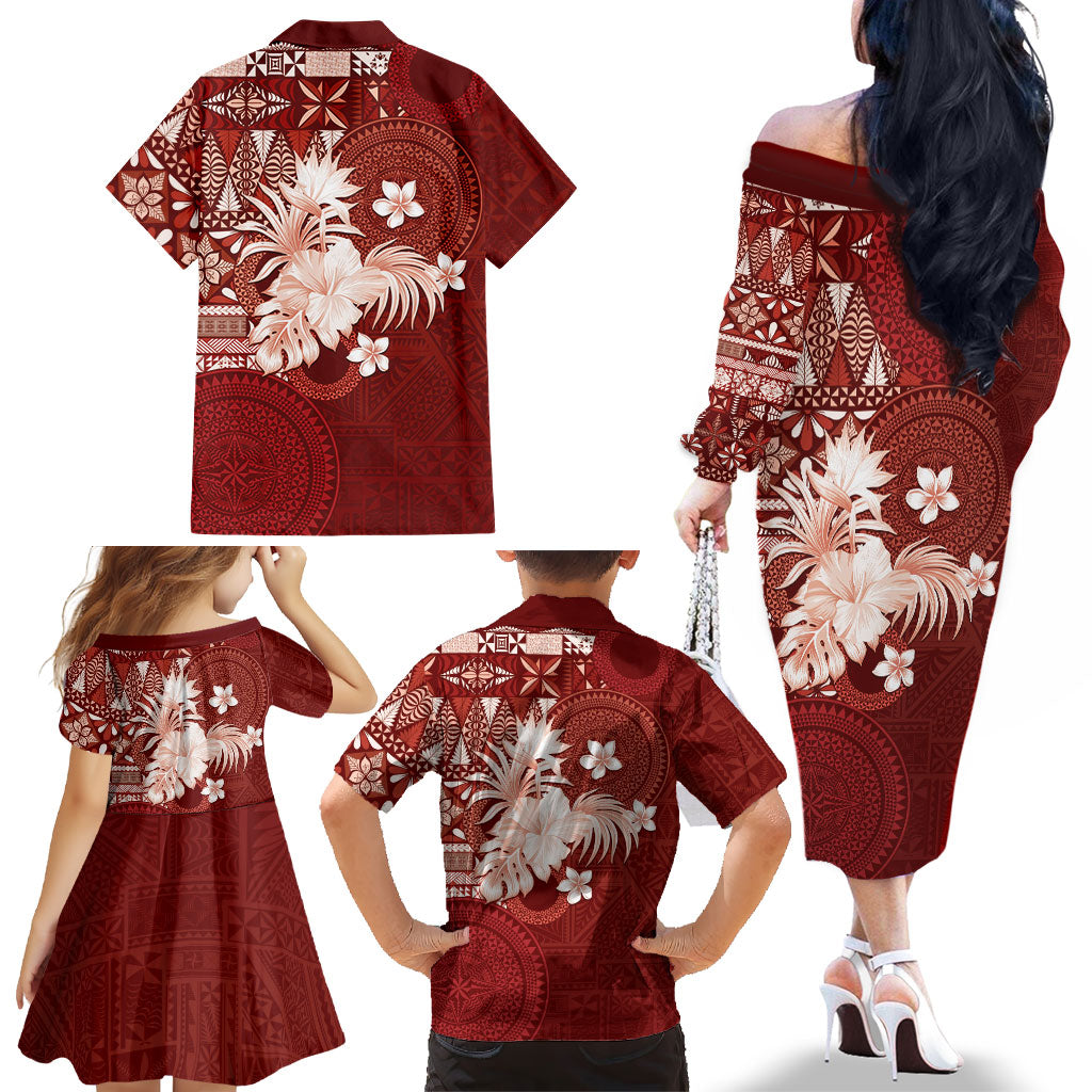 Tonga Ngatu Motifs Family Matching Off The Shoulder Long Sleeve Dress and Hawaiian Shirt With Coat Of Arms Red