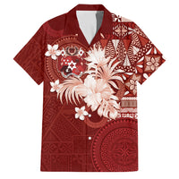 Tonga Ngatu Motifs Family Matching Off The Shoulder Long Sleeve Dress and Hawaiian Shirt With Coat Of Arms Red
