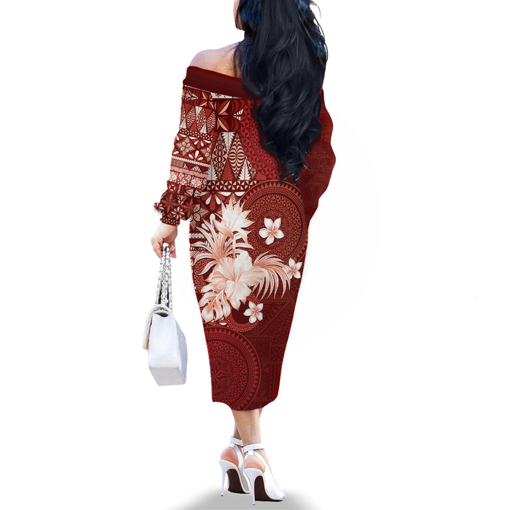 Tonga Ngatu Motifs Family Matching Off The Shoulder Long Sleeve Dress and Hawaiian Shirt With Coat Of Arms Red
