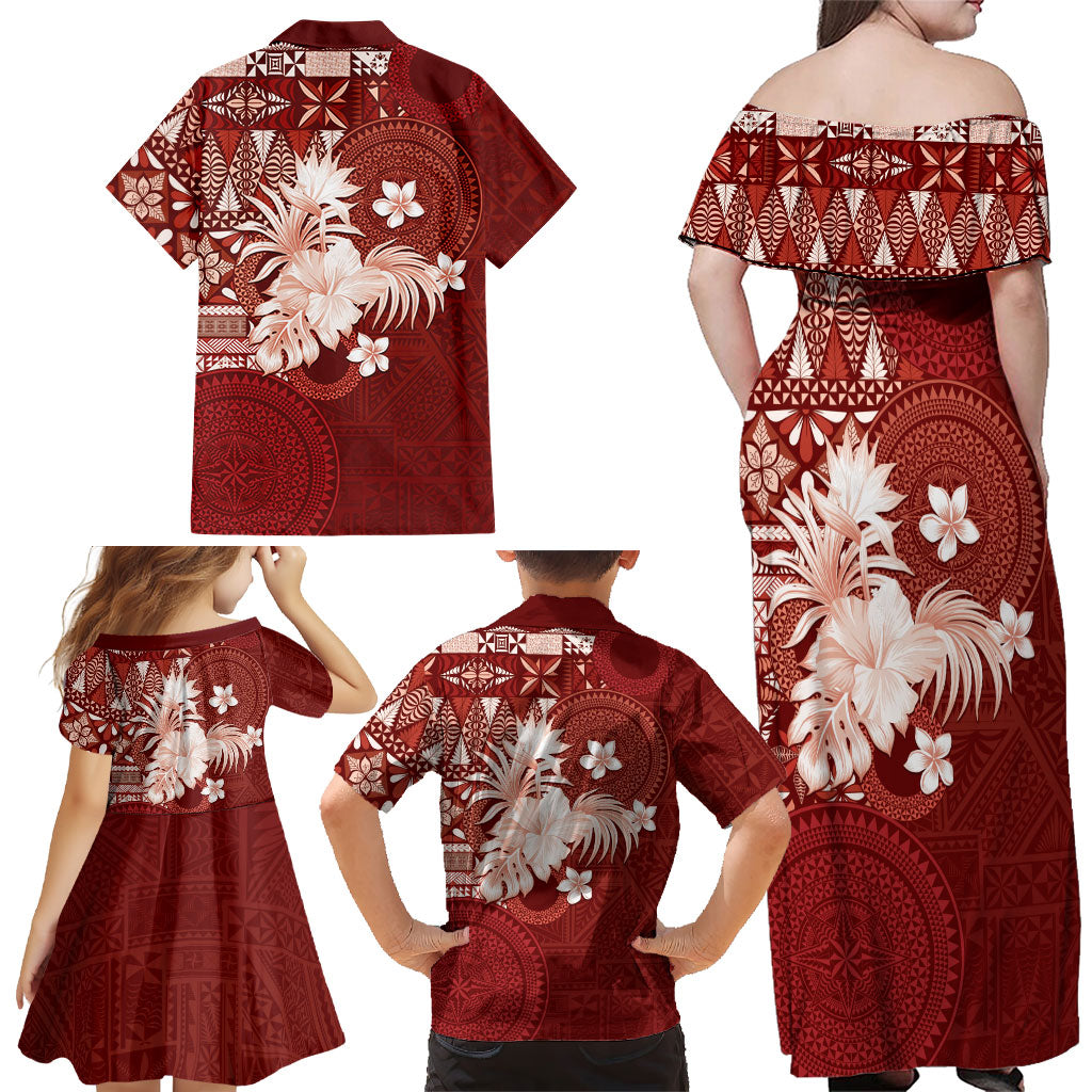 Tonga Ngatu Motifs Family Matching Off Shoulder Maxi Dress and Hawaiian Shirt With Coat Of Arms Red
