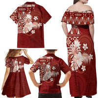 Tonga Ngatu Motifs Family Matching Off Shoulder Maxi Dress and Hawaiian Shirt With Coat Of Arms Red