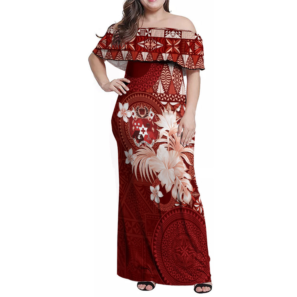 Tonga Ngatu Motifs Family Matching Off Shoulder Maxi Dress and Hawaiian Shirt With Coat Of Arms Red