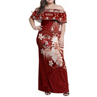 Tonga Ngatu Motifs Family Matching Off Shoulder Maxi Dress and Hawaiian Shirt With Coat Of Arms Red