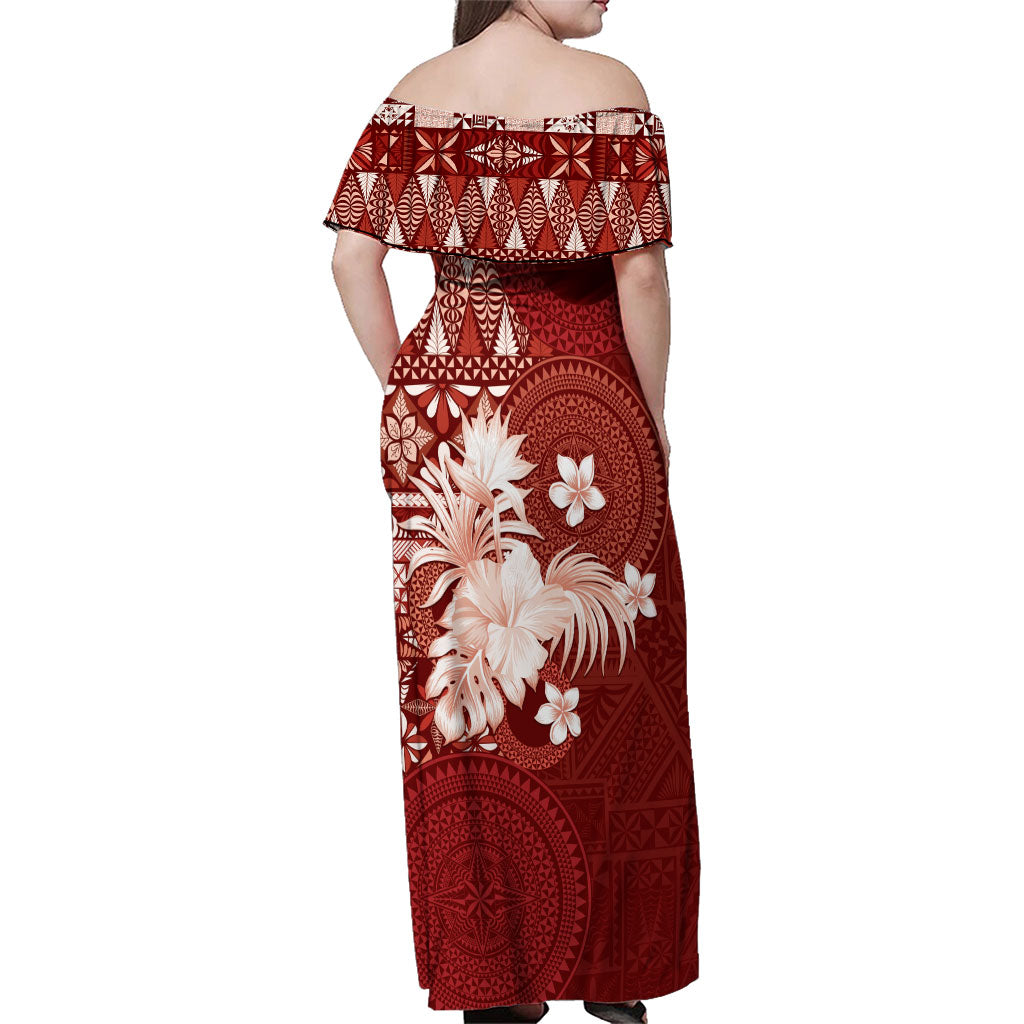 Tonga Ngatu Motifs Family Matching Off Shoulder Maxi Dress and Hawaiian Shirt With Coat Of Arms Red