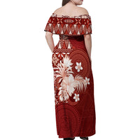 Tonga Ngatu Motifs Family Matching Off Shoulder Maxi Dress and Hawaiian Shirt With Coat Of Arms Red