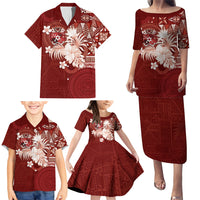 Tonga Ngatu Motifs Family Matching Puletasi and Hawaiian Shirt With Coat Of Arms Red