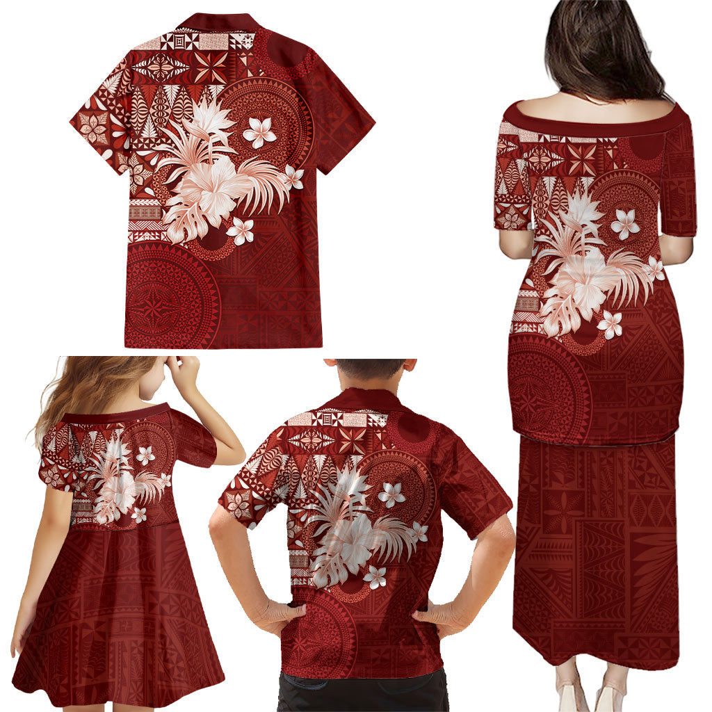 Tonga Ngatu Motifs Family Matching Puletasi and Hawaiian Shirt With Coat Of Arms Red
